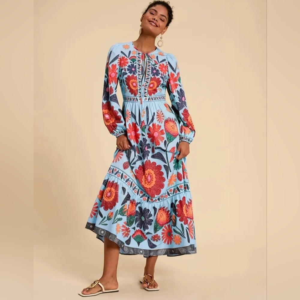 Floral Print Long Sleeve Maxi Dress - Light Blue - Picture 6 of 15